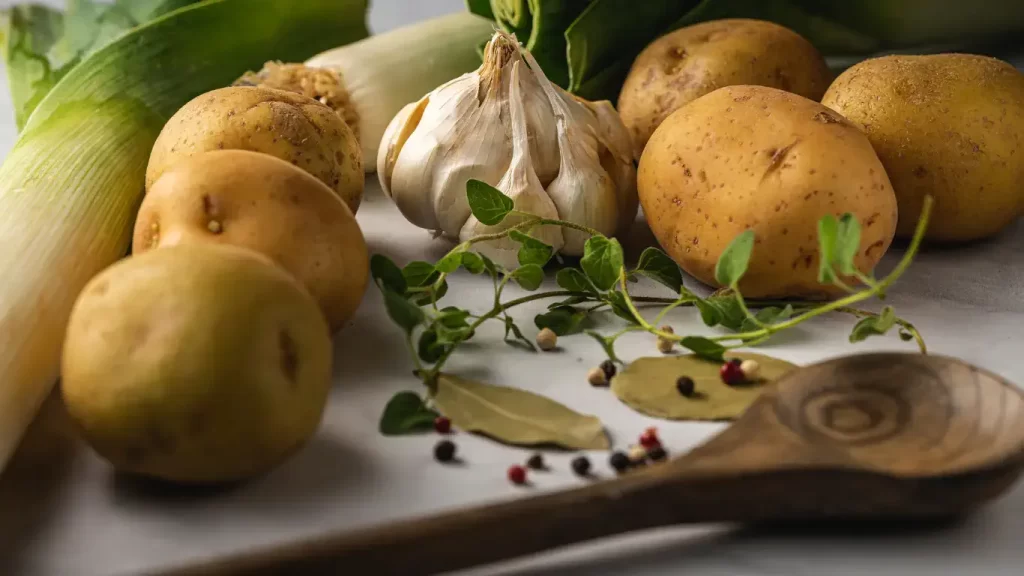 Frische Kartoffeln, Knoblauch und Kräuter für Kartoffelsuppe