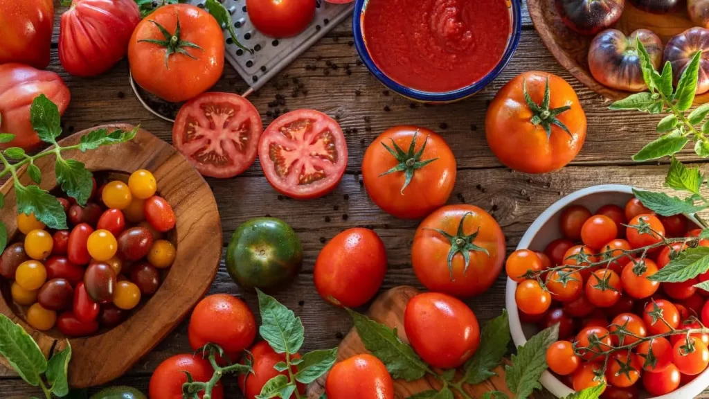 Frische Zutaten für Tomatensuppe – sonnengereifte Tomaten, Zwiebeln, Knoblauch, Olivenöl und Kräuter für eine gesunde, aromatische Suppe.