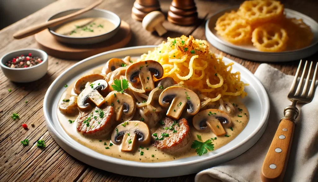 Serviertes Zürcher Geschnetzeltes: Zartes Kalbfleisch in cremiger Rahmsauce, angerichtet mit knusprigen Rösti.