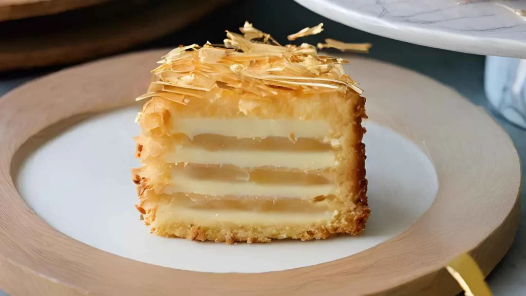 Ein Stück Bienenstich Kuchen mit knuspriger Mandelkruste und Vanillecreme auf einem Teller serviert