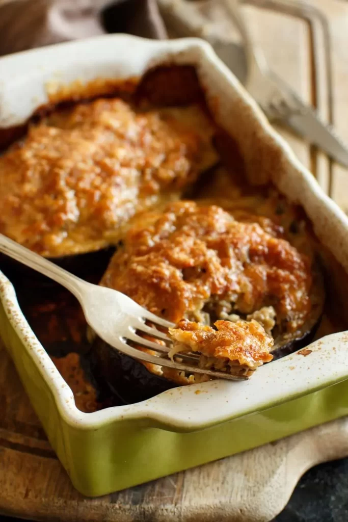 Ofenfrische gefüllte Auberginen mit geschmolzenem Käse und aromatischer Füllung