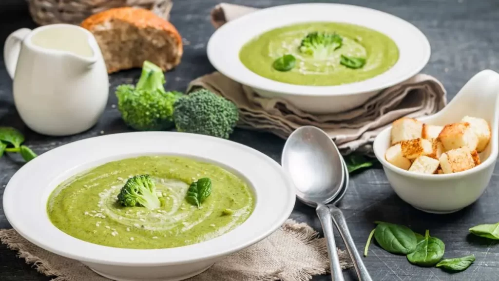 Servierte Brokkoli-Kartoffel-Suppe mit frischen Kräutern garniert