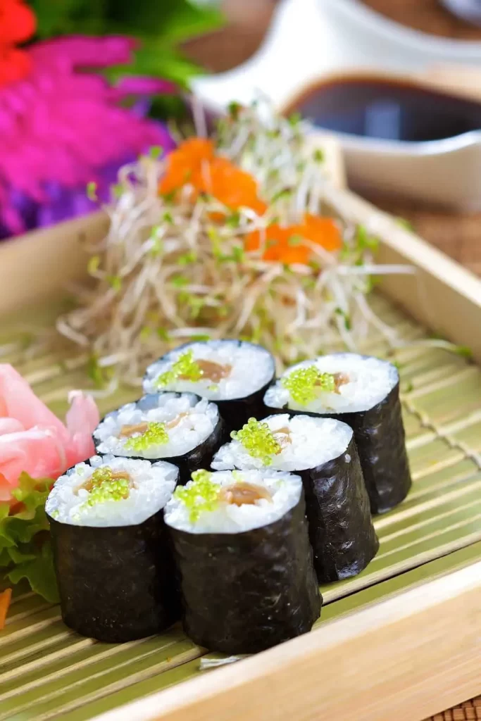 Traditionelles japanisches vegetarisches Sushi mit Avocado, Gurke und Tofu