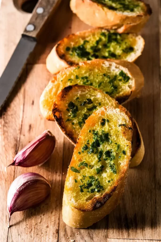 Klassisches Knoblauchbrot mit goldbrauner Kruste, serviert mit frischen Kräutern und geschmolzener Butter