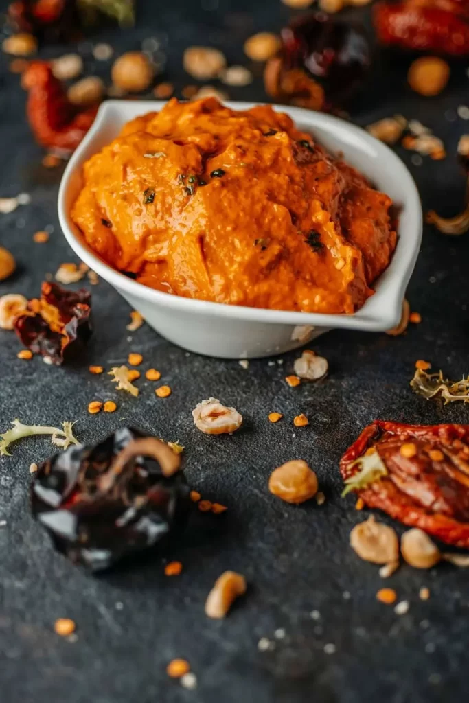 Hausgemachte Romesco Sauce in einer Schale mit frischen Zutaten