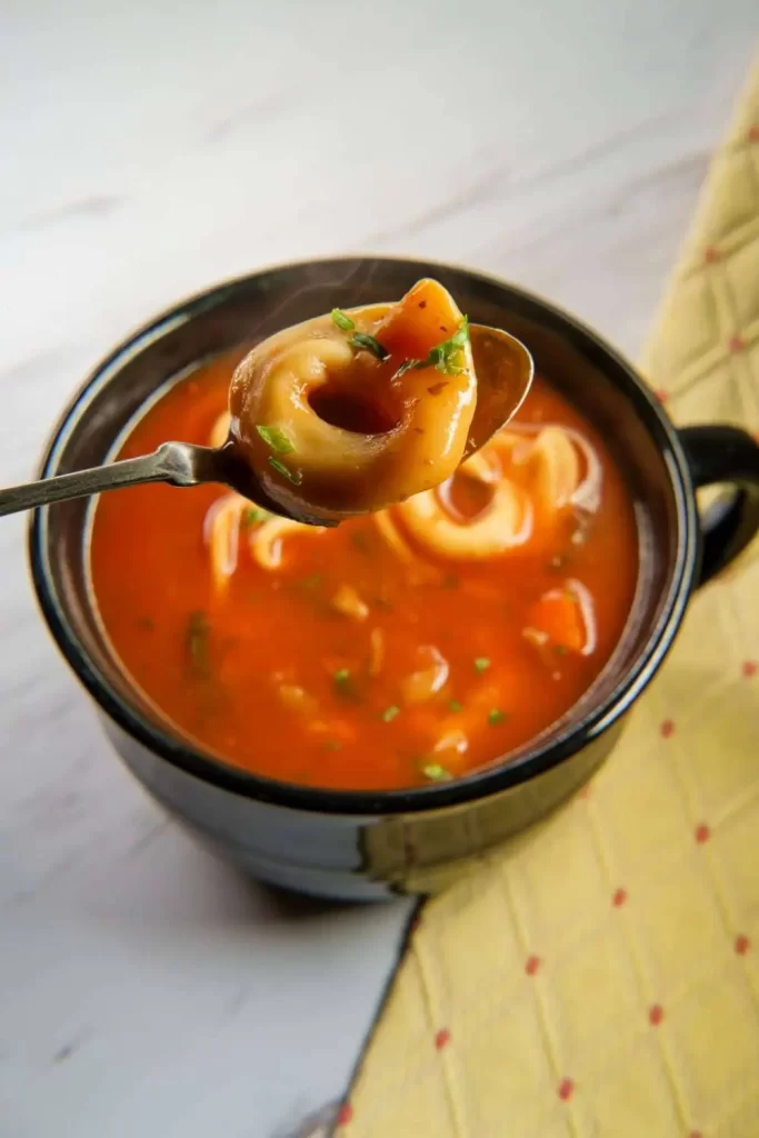 Tortellini Suppe mit Hackfleisch und frischem Basilikum