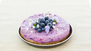 Vegane Torte mit frischen Blaubeeren und dekorativen Beeren-Toppings