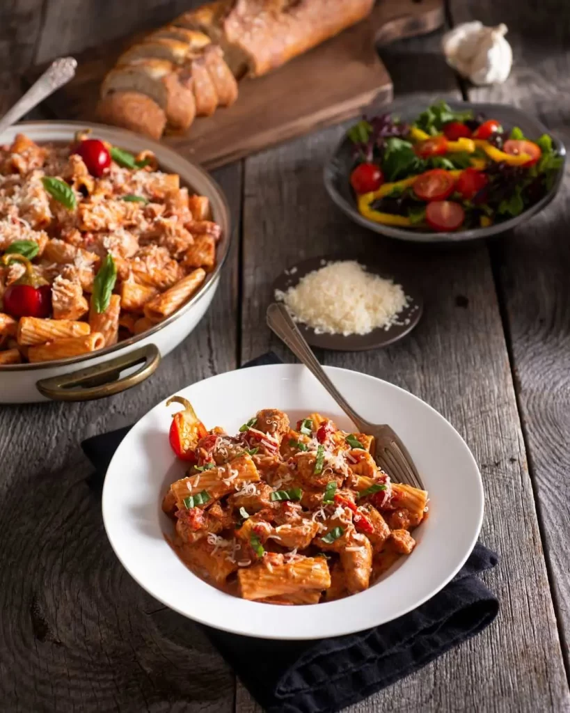  Zarte Hähnchenstücke mit Nudeln in einer cremigen Sauce, verfeinert mit Kräutern und Gewürzen.